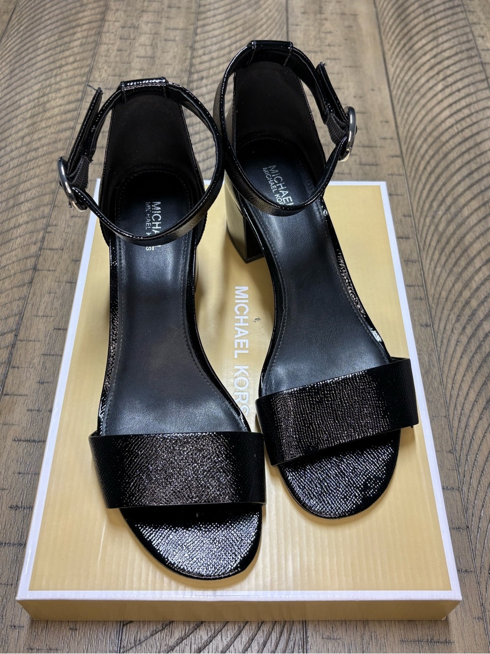 Michael Kors Black Patent Ankle-Strap Block Heel Sandals